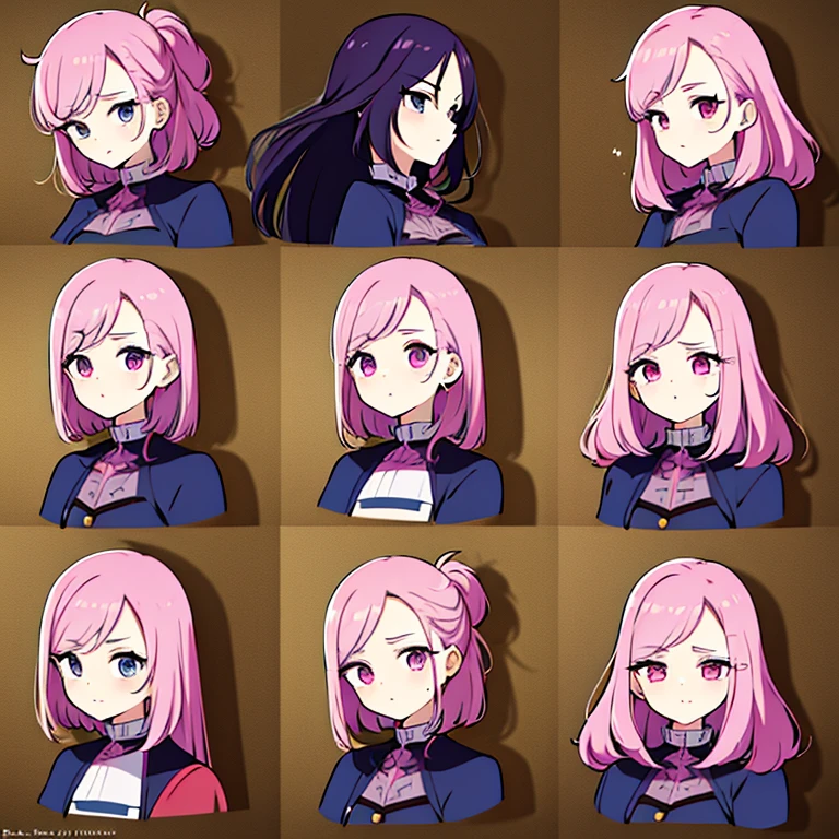 Personagem feminino,cabelo longo,cheio e ondulado de cor castanho escuro, seus olhos castanhos escuro, cor da pele parda, in anime version, de cores das veste branca, with pink and lilac details, em desenho flores, uma personagem feminina estilo anime e uma mestra de bombaem Model sheet.