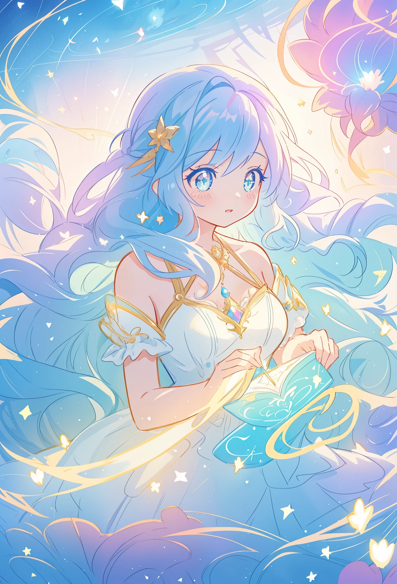 beautiful girl, flowing tiered ballgown, vibrant pastel colors, (colorful), glowing golden long hair, magical lights, sparkling magical liquid, inspired by Glen Keane, inspired by Lois van Baarle, disney art style, by Lois van Baarle, glowing aura around her, by Glen Keane, jen bartel, glowing lights! digital painting, flowing glowing hair, glowing flowing hair, beautiful digital illustration, fantasia background, whimsical, magical, fantasy, ((beautiful face)), ((masterpiece, best quality)), intricate details, highly detailed, sharp focus, 8k resolution, sparkling detailed eyes, liquid watercolor