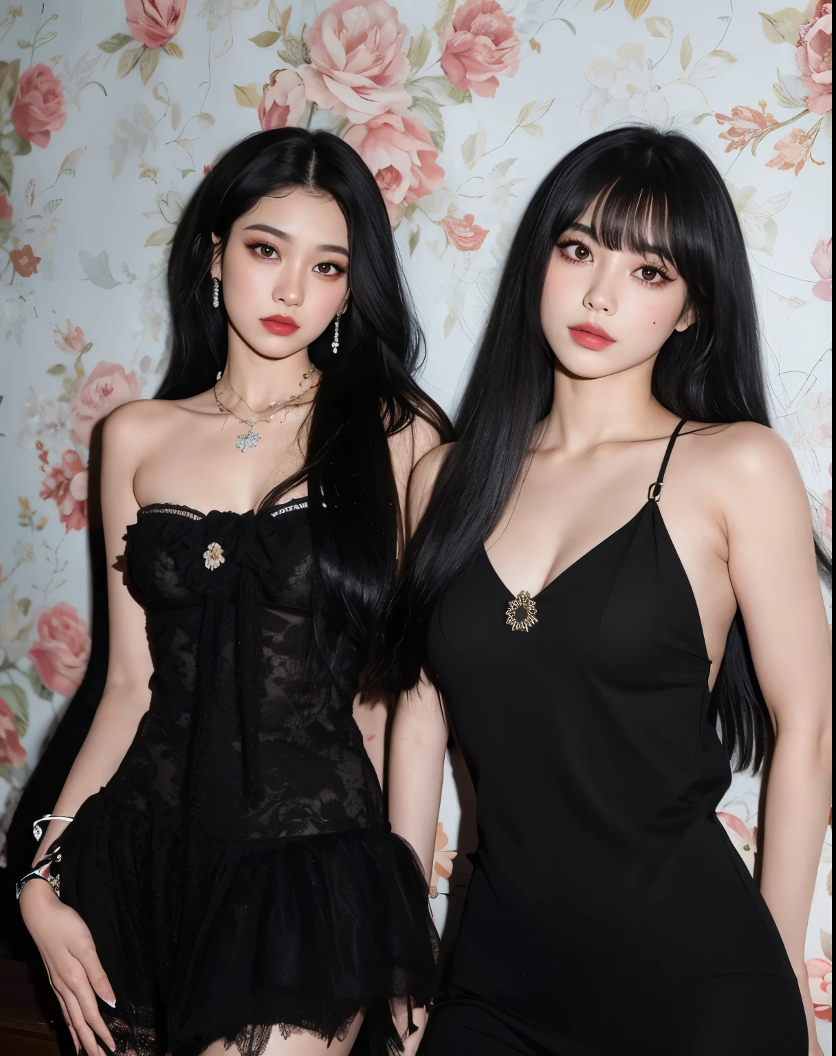 Duas mulheres vestidas de preto posando para uma foto em frente a uma parede floral, 2 0 2 0 moda, com preto, Ulzzang, inspirado por Wang Duo, Rosa preta, beautiful gemini twins, Dois modelos no quadro, perfume, twins, Fantasia Xianxia, Nixeu e Sakimichan, Xilaxia de corpo inteiro, com hera, jia
