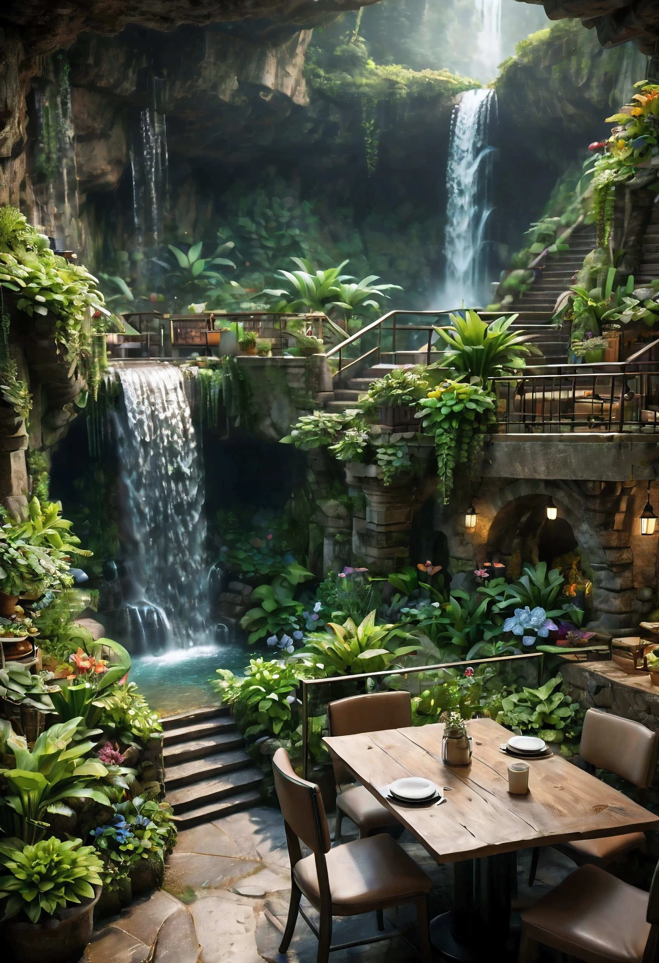 (Masterpiece in maximum 16K resolution), the best quality, (very detailed CG unity 16k wallpaper quality),(Soft colors 16k highly detailed digital art),Super Detailed. | Perfect image,16k UE5,editorial photograph, superfine, Depth of field, no contrast, clean sharp focus, professional, No blurring. | Dark underground,dark cavern, dark scene. | The corner table and chair area on the cafe garden terrace overlooks the vast underground garden, beautiful underground waterfall, amazing wallpapers, beautiful surroundings, optimistic matte painting, Beautiful digital artwork, cozy cafe background, Beautiful and detailed scenes, UHD underground, UHD landscape,Relaxing concept art, beautiful underground garden. | (((More detail))).