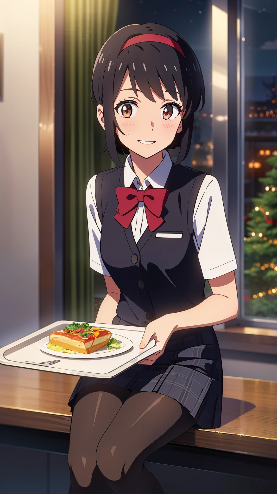 masterpiece, best quality, shinkai makoto, kimi no na wa., 1girl, bangs, black hair, blush, bright eyes, brown eyes, red headband, red bow, red ribbon, short hair, smile, cute, beautiful, shiny skin, looking at viewer, solo, White dress shirts, Plaid vest, skirt, plaid skirt, Black pantyhose, indoors, dynamic lights, open mouth, Sit at the table, A tray of food, short-sleeved, View from the window, nighttime scene