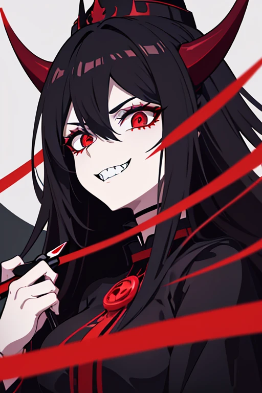 Dark evil devil Woman, long red and black hair, Long black devil horns on head (with red outlines), Long evil sinister sharp teeth smile, black eyes with red pupils, white pale skin, black mist in background, Dark Red cap on back, Holding a long dark metal staff with Microphone on tip.