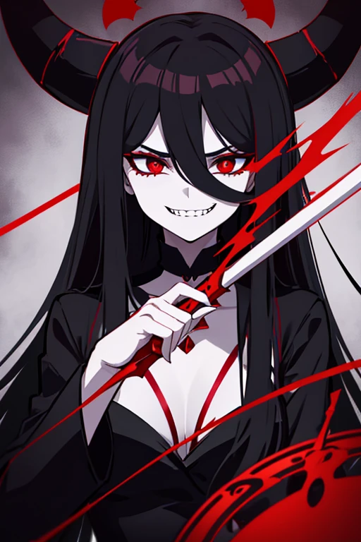 Dark evil devil Woman, long red and black hair, Long black devil horns on head (with red outlines), Long evil sinister sharp teeth smile, black eyes with red pupils, white pale skin, black mist in background, Dark Red cap on back, Holding a long dark metal staff with Microphone on tip.