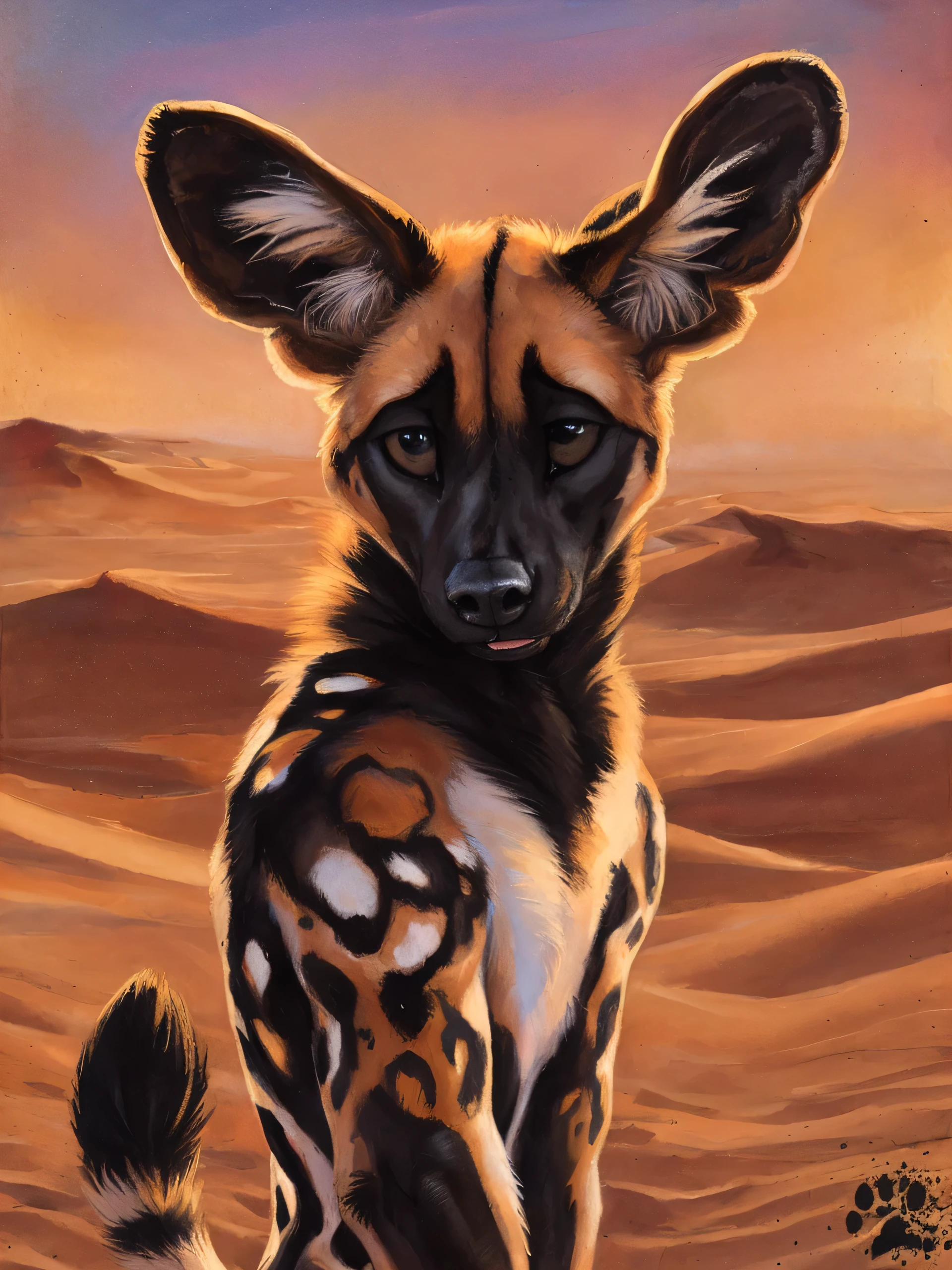 solo, anthro, African Wild Dog, feminine body, submissive, panting, shy, male, shaggy fur, thick fur, tail, beautiful eyes, perfect eyes, symmetrical eyes, (black retinas:1.2), detailed background, sahara desert background, dusk, realistic, photorealistic, ultra realistic, 8k, (by blotch), looking away, shy pose,