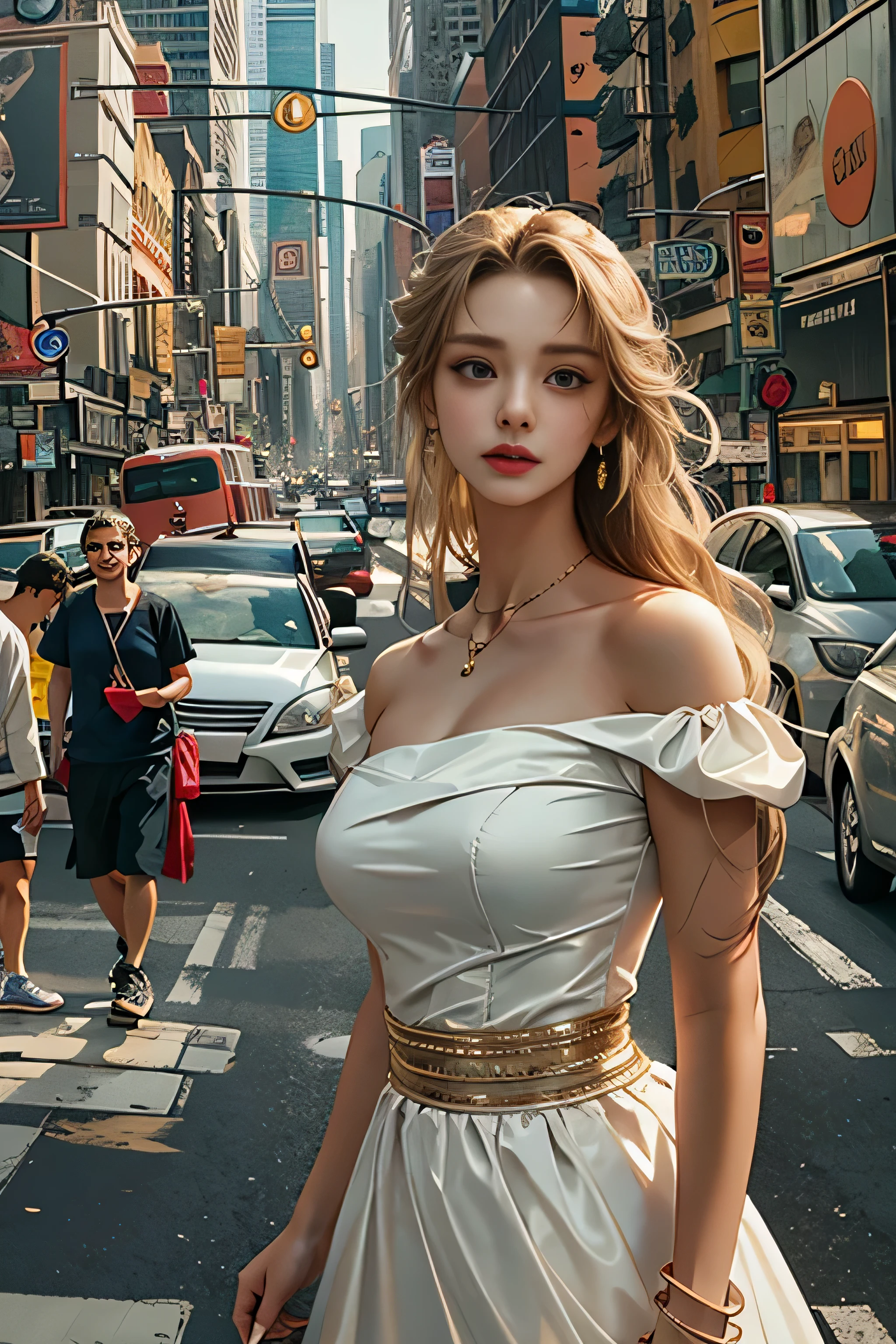 (Woman walking the streets of New York)、realistic, High resolution, soft light,1 female, alone,(off shoulder white dress,flare skirt) hip up, (detailed face), jewelry, street wear, Eyes that invite the viewer, Spouse&#39;perspective, attractive appearance, sexy smile, perfect style, perfect balance, fine skin, naughty look, I can see your breasts