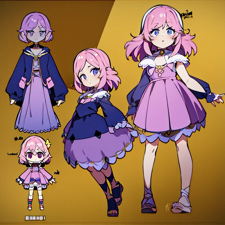 Personagem feminino,cabelo longo,cheio e ondulado de cor castanho escuro, seus olhos castanhos escuro, cor da pele parda, in anime version, de cores das veste branca, with pink and lilac details, em desenho flores, uma personagem feminina estilo anime e uma mestra de bombaem Model sheet.