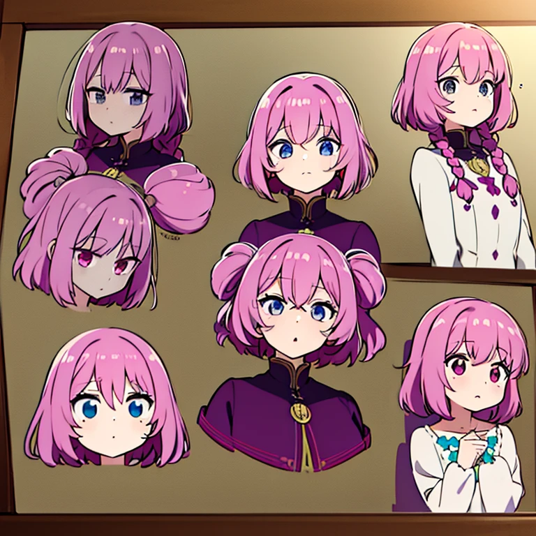 Personagem feminino,cabelo longo,cheio e ondulado de cor castanho escuro, seus olhos castanhos escuro, cor da pele parda, in anime version, de cores das veste branca, with pink and lilac details, em desenho flores, uma personagem feminina estilo anime e uma mestra de bombaem Model sheet.