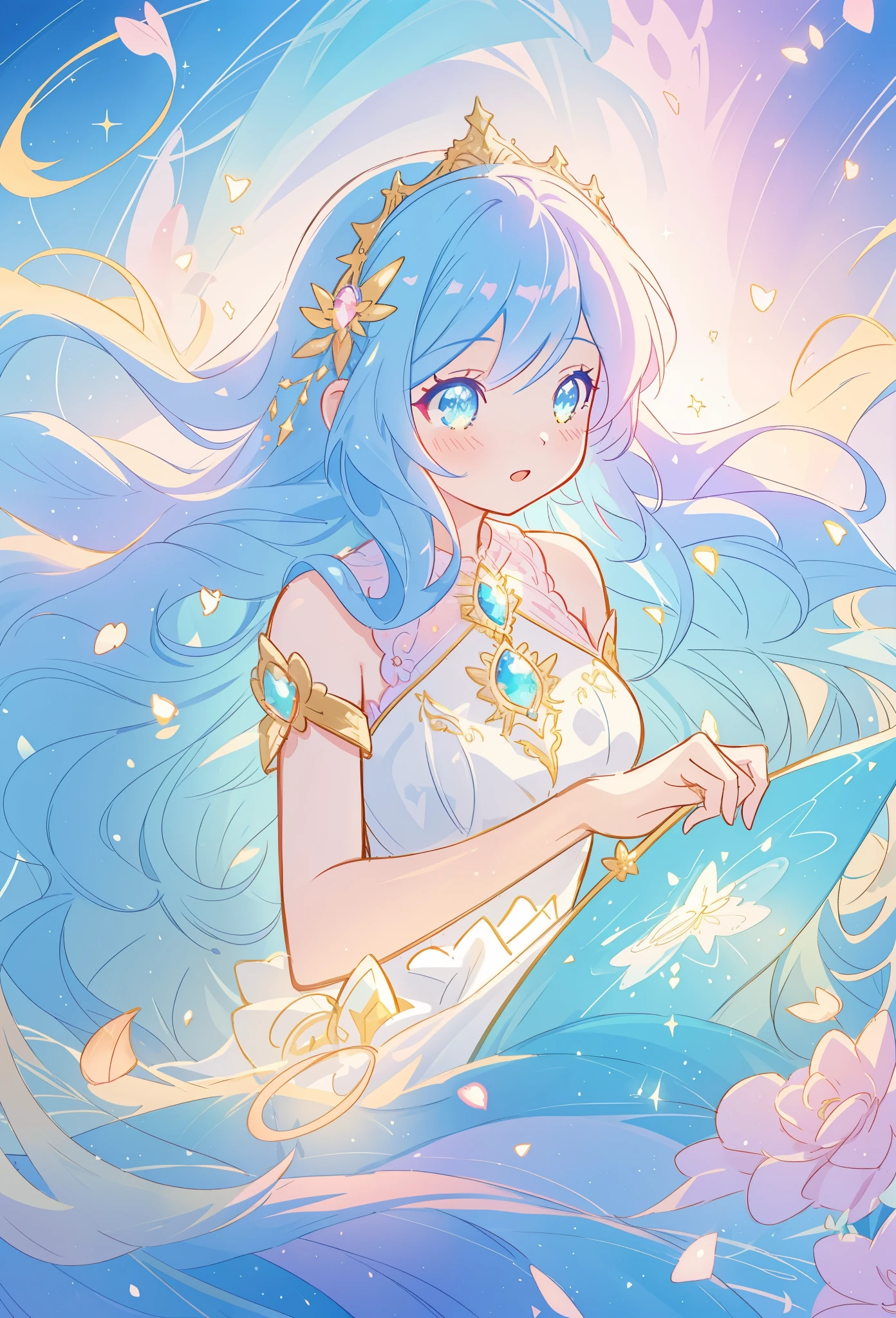beautiful girl, flowing tiered ballgown, vibrant pastel colors, (colorful), glowing golden long hair, magical lights, sparkling magical liquid, inspired by Glen Keane, inspired by Lois van Baarle, disney art style, by Lois van Baarle, glowing aura around her, by Glen Keane, jen bartel, glowing lights! digital painting, flowing glowing hair, glowing flowing hair, beautiful digital illustration, fantasia background, whimsical, magical, fantasy, ((beautiful face)), ((masterpiece, best quality)), intricate details, highly detailed, sharp focus, 8k resolution, sparkling detailed eyes, liquid watercolor