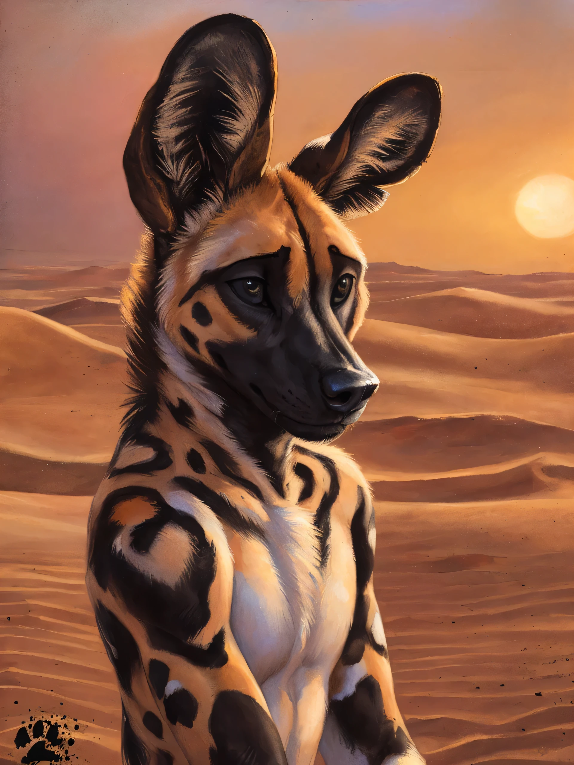 solo, anthro, African Wild Dog, feminine body, submissive, panting, shy, male, shaggy fur, thick fur, tail, beautiful eyes, perfect eyes, symmetrical eyes, (black retinas:1.2), detailed background, sahara desert background, dusk, realistic, photorealistic, ultra realistic, 8k, (by blotch), looking away, shy pose,