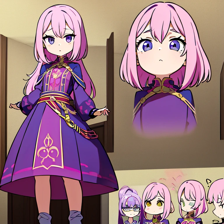 Personagem feminino,cabelo longo,cheio e ondulado de cor castanho escuro, seus olhos castanhos escuro, cor da pele parda, in anime version, de cores das veste branca, with pink and lilac details, em desenho flores, uma personagem feminina estilo anime e uma mestra de bombaem Model sheet.