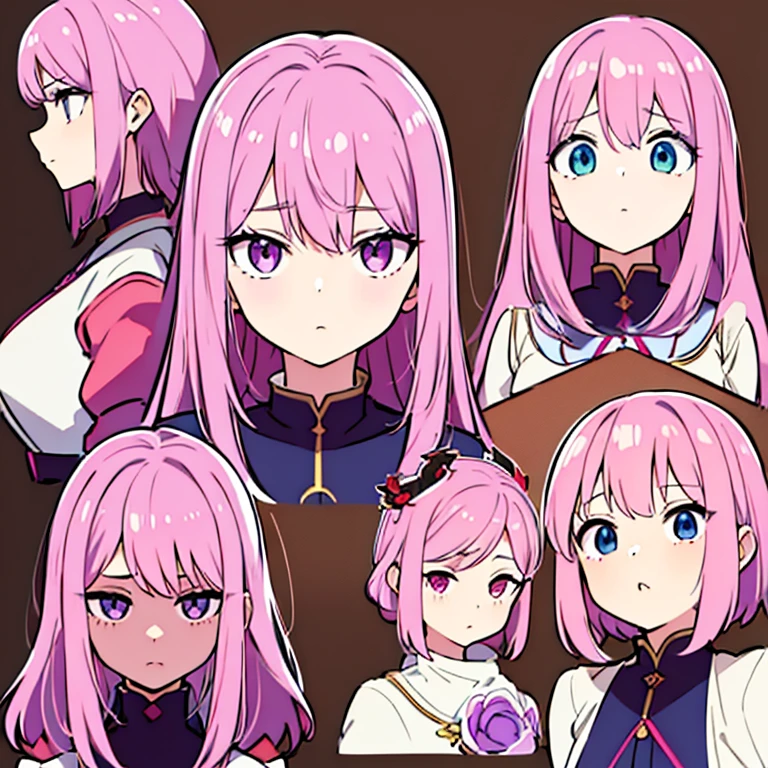 Personagem feminino,cabelo longo,cheio e ondulado de cor castanho escuro, seus olhos castanhos escuro, cor da pele parda, in anime version, de cores das veste branca, with pink and lilac details, em desenho flores, uma personagem feminina estilo anime e uma mestra de bombaem Model sheet.