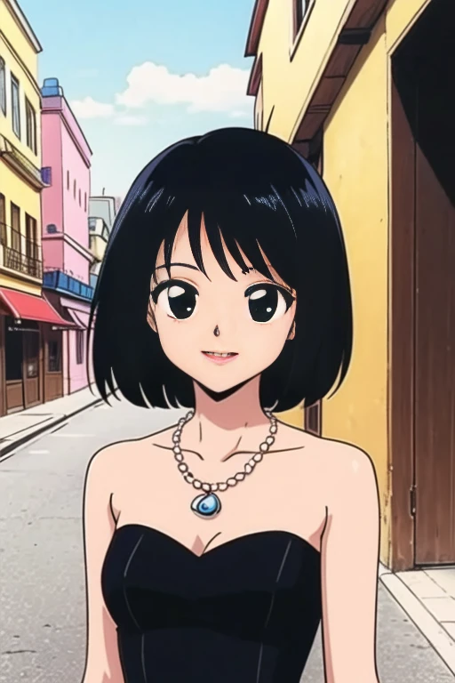 1 girl, Solo, Teenage, Black hair, Short black hair, Medium Hair, Bob Hair, Black eyes, Strapless, Little Black Dress, Off-the-Shoulders dress, pearl necklace, Smile, the Mexican city street, Sexy, masterpiece, High quality.