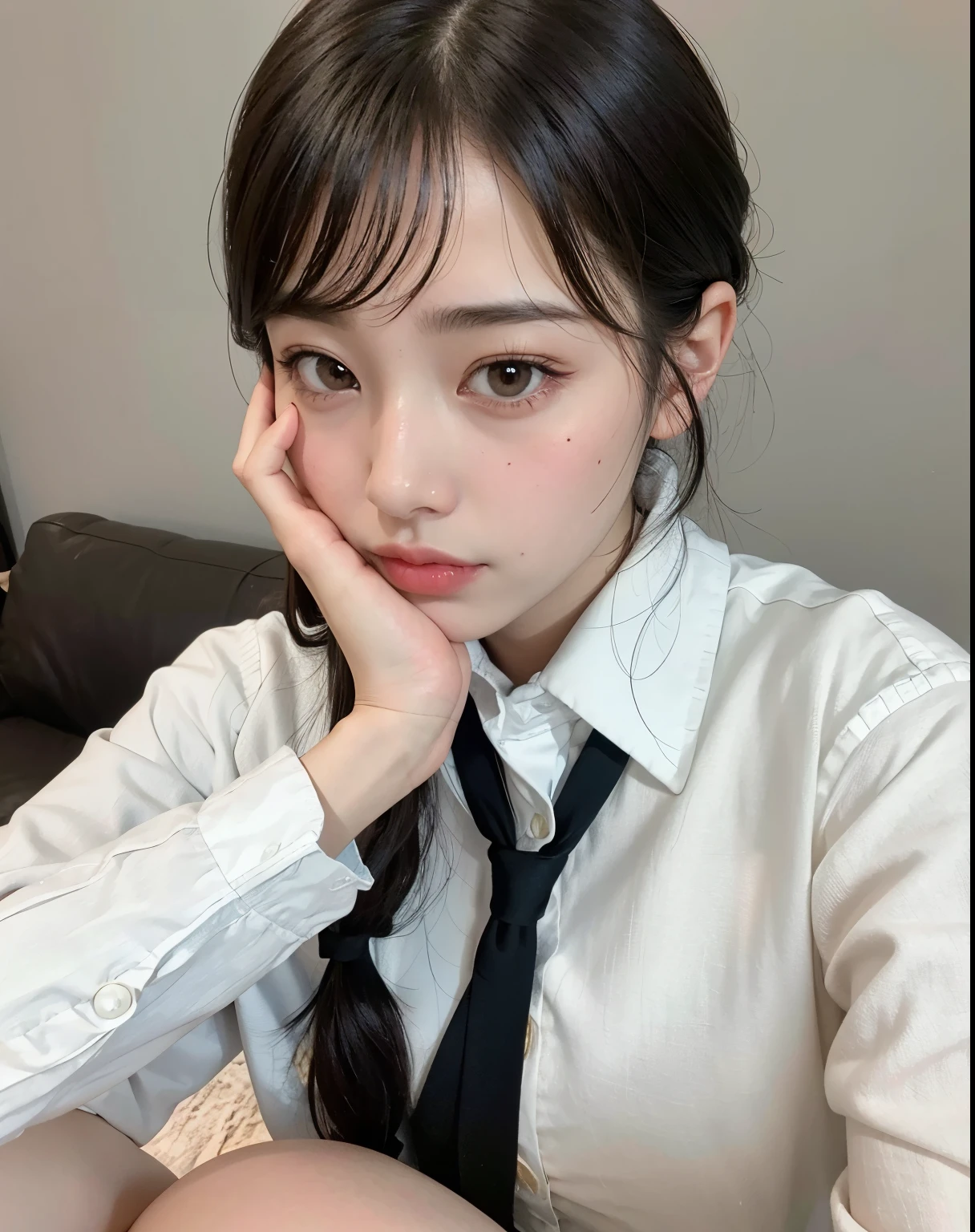 there is a young woman sitting on a sofa with her hand on her chin, Ulzzang, sakimichan, com um rosto bonito - fino -, chiho, Young and adorable Korean face,  coreana, Ela tem um rosto bonito, Wan lovely Korean face, shikami, garota de rosto bonito e bonito, Ela tem um rosto bonito e expressivo