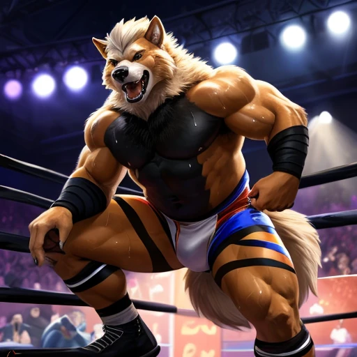 anthro Arcanine, wrestler, 4k, high resolution, best quality, posted on e621, (solo:1.1), anthro body, male, adult, very masculine, (very muscular, heavyweight:1.2), correct anatomy, (show wrestling background, wrestling ring), (by wfa, by chunie:0.8), (by Taran Fiddler:1.0), (detailed eyes:1.2), (watercolors:1.0), (tight show wrestling pants, bare chest:1.0), (black stomach, black chest:1.2), serious face, open mouth, (sweat:1.2), strong pose