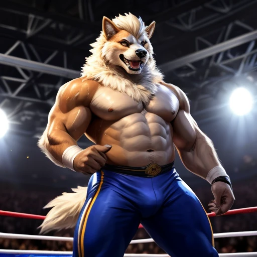 anthro Arcanine, wrestler, 4k, high resolution, best quality, posted on e621, (solo:1.1), anthro body, male, adult, very masculine, (very muscular, heavyweight:1.2), correct anatomy, (show wrestling background, wrestling ring), (by wfa, by chunie:0.8), (by Taran Fiddler:1.0), (detailed eyes:1.2), (watercolors:1.0), (tight show wrestling pants, bare chest:1.0), (black stomach, black chest:1.2), serious face, open mouth, (sweat:1.2), strong pose