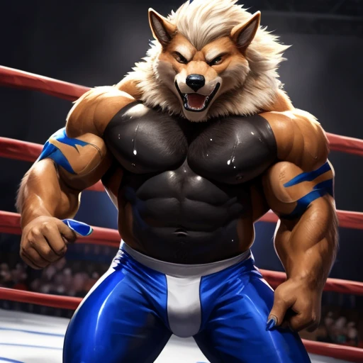 anthro Arcanine, wrestler, 4k, high resolution, best quality, posted on e621, (solo:1.1), anthro body, male, adult, very masculine, (very muscular, heavyweight:1.2), correct anatomy, (show wrestling background, wrestling ring), (by wfa, by chunie:0.8), (by Taran Fiddler:1.0), (detailed eyes:1.2), (watercolors:1.0), (tight show wrestling pants, bare chest:1.0), (black stomach, black chest:1.2), serious face, open mouth, (sweat:1.2), strong pose