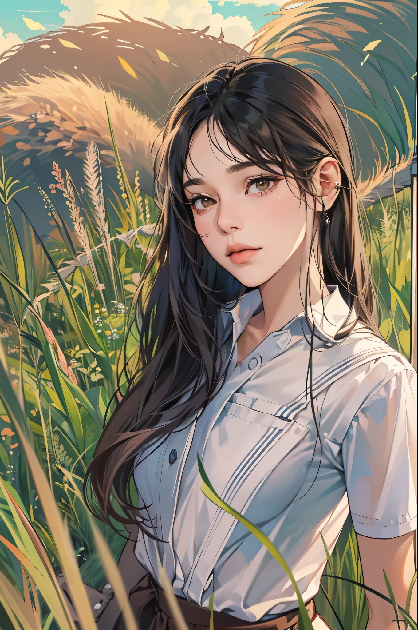 (absurdres, highres, ultra detailed, realistic, ), 1 18year-old，girl, solo, elegance， long black hair,  brown eyes, earphone，blue sky and grass background, ultra - detailed, best quality, Detailed diagram, vectorized, 8K,  Graphic design, vector lines, Full-HD，upper body