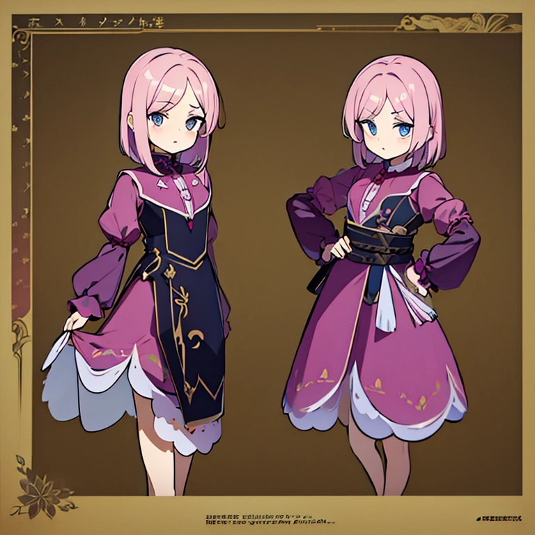 Personagem feminino,cabelo longo,cheio e ondulado de cor castanho escuro, seus olhos castanhos escuro, cor da pele parda, in anime version, de cores das veste branca, with pink and lilac details, em desenho flores, uma personagem feminina estilo anime e uma mestra de bombaem Model sheet.