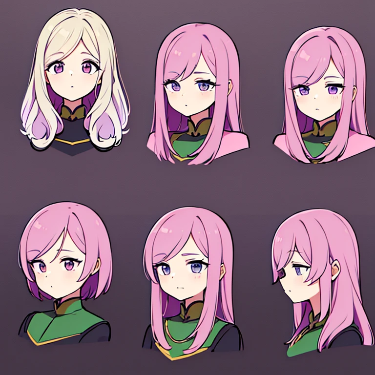 Personagem feminino,cabelo longo,cheio e ondulado de cor castanho escuro, seus olhos castanhos escuro, cor da pele parda, in anime version, de cores das veste branca, with pink and lilac details, em desenho flores, uma personagem feminina estilo anime e uma mestra de bombaem Model sheet.