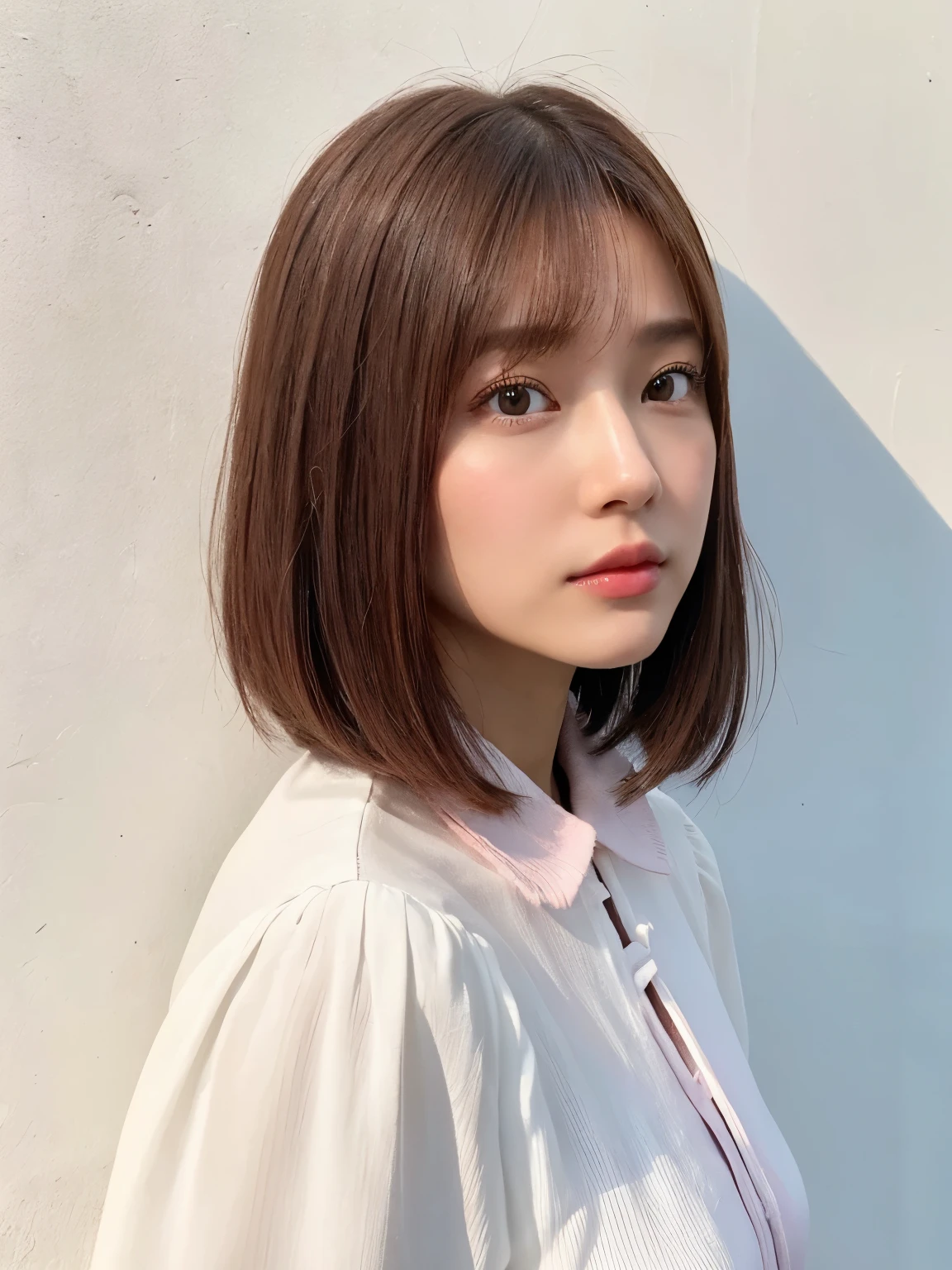 ((white long sleeved blouse))、(背景にwhite wall、Pink-brown hair color:1.4)、white wall、Taken in front of the white door、(窓のあるwhite wallの部屋)、((highest quality、8K、masterpiece:1.3))、ultra high resolution、(photogenuineistic:1.4)、RAW photo、Japanese,(face)、genuine、Shot in natural light、Highly detailed face and skin texture、highly detailed lips、correct state of the human body、bob hair、various poses、natural color lip、Don't look at the camera、bob cut、pastel clothing、Landscape、profile、dark pink brown hair color、Single