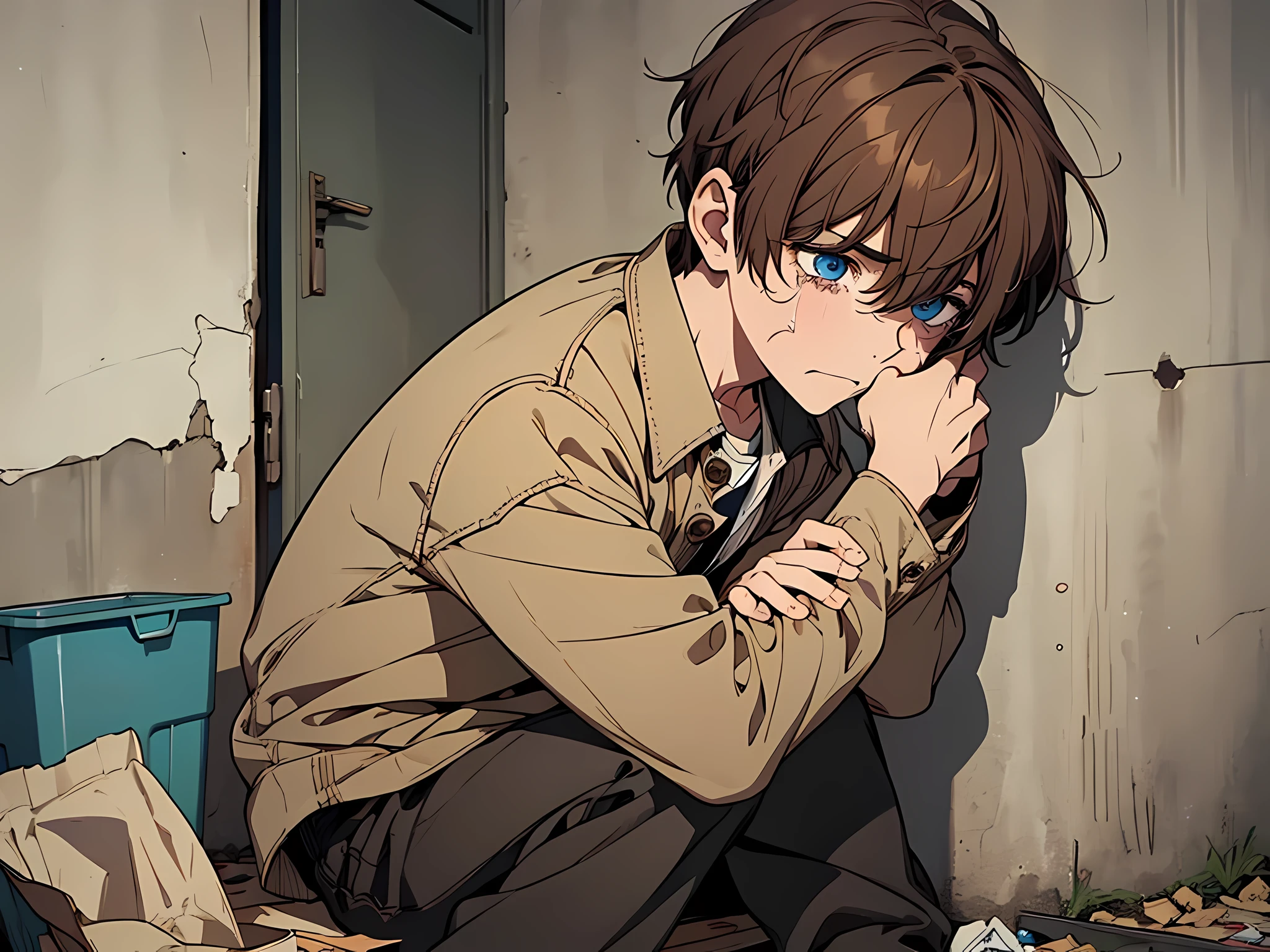 1 , brown hair, short hair, crying, wounds in his hand, wearing torn clothes, frightened facial expression, face to detail, detailed eyes, perfect hands, sitting in the corner, the background is near the trash, full-body illustration