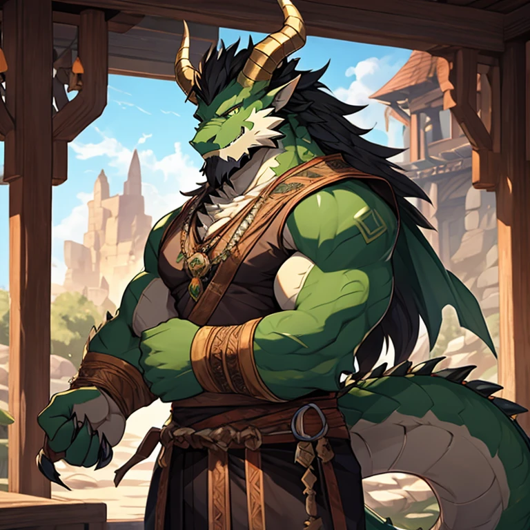 Qing Wei, Dungeon Explorers, anthro, kemono, male, solo, a furry eastern dragon, long whisker, green fur, bare chest, big chest, big build, warrior waist armor, sandal, ((eastern dragon), ((green dragon)), ((waist armor)), mature, tall, daddy, muscular, ((no coat, no cape)), ((berserker)), scar body, (scar), bare body, many scars on body, scar face, long beard, very muscular, beefy body, (((bare chest))), (((large pecs))), action pose, (((look to the side))), (((mature, middle age, in mid 30s))), (((white background, full body, concept art))), poses, gacha,tall, dynamic angle, high angle, axe