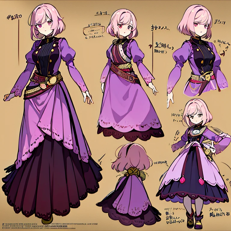 Personagem feminino,cabelo longo,cheio e ondulado de cor castanho escuro, seus olhos castanhos escuro, cor da pele parda, in anime version, de cores das veste branca, with pink and lilac details, em desenho flores, uma personagem feminina estilo anime e uma mestra de bombaem Model sheet.