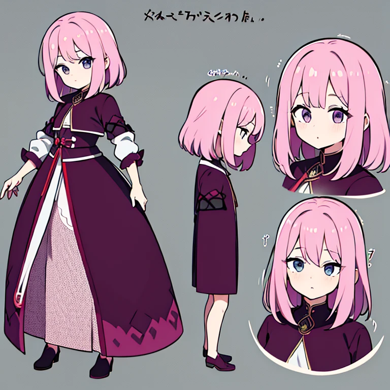 Personagem feminino,cabelo longo,cheio e ondulado de cor castanho escuro, seus olhos castanhos escuro, cor da pele parda, in anime version, de cores das veste branca, with pink and lilac details, em desenho flores, uma personagem feminina estilo anime e uma mestra de bombaem Model sheet.