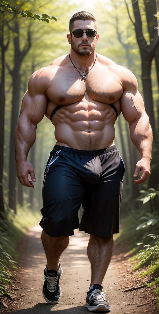 Man standing in sunny forest, American round head, Buzz cut, national character face, tall and burly, muscular male hero, heroic male pose, muscular! Wearing sunglasses, black hair, super buff and cool, high resolution committee, character design police, sneakers, attractive strong man, sunlight shining through the gaps in the woods, detailed speedo, big underwear bulge