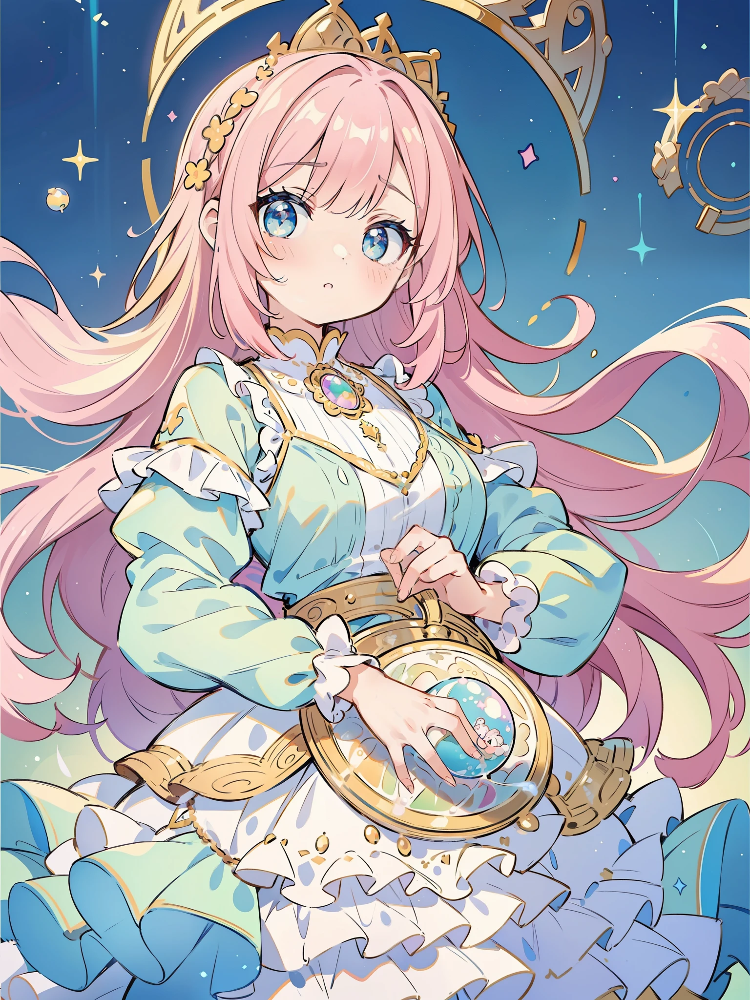 masterpiece, best quality, 8k resolution, sharp focus, intricate detail, beautiful girl, sparkling eyes, golden ratio face, otherworldly liquid, watercolor, pastel colors, bright colors, whimsical, colorful, sharp focus, high resolution, fine detail, ((layered tiered puffy long sleeves ballgown)), ((round eyes)), iridescent bubbles, fantasia background