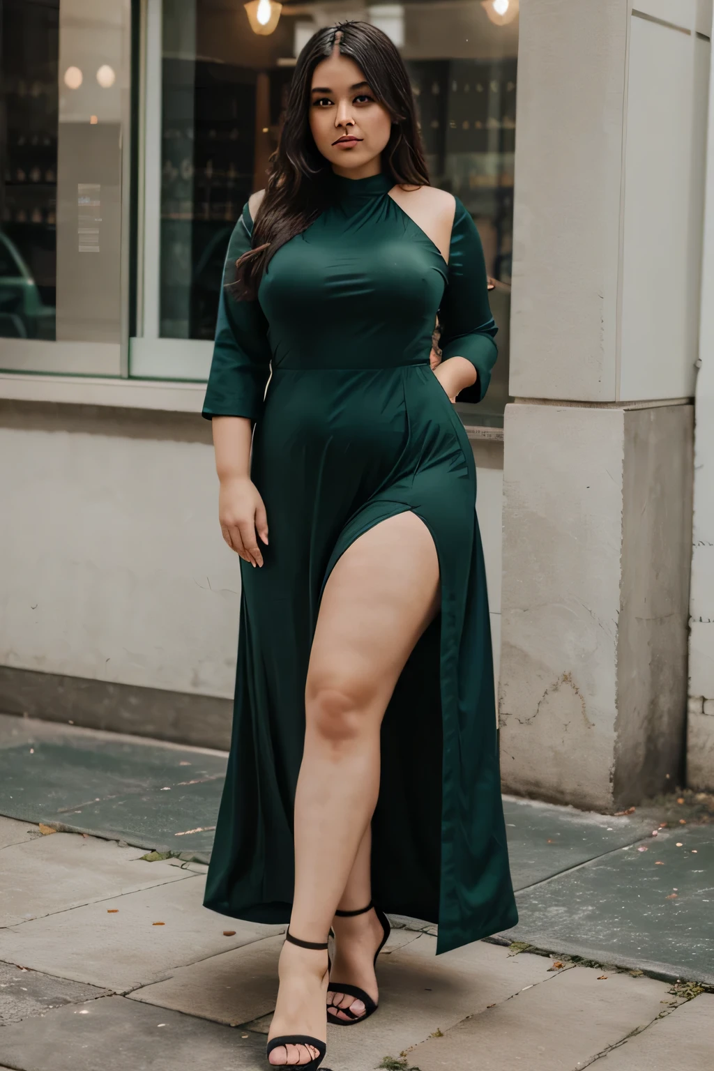 Chubby girl wearing shine dark green high slit dress