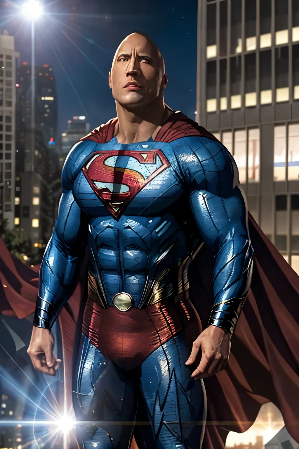 a man in a superman suit standing in a city, dwayne johnson as superman, superman pose, superman, herry cavill, justin hartley as superman, superman costume, nicolas cage as superman, nicholas cage as superman, superhero body, tom hanks as superman, superman emerging from the sun, dwayne johnson as spiderbatman, henry cavill as batman, textless