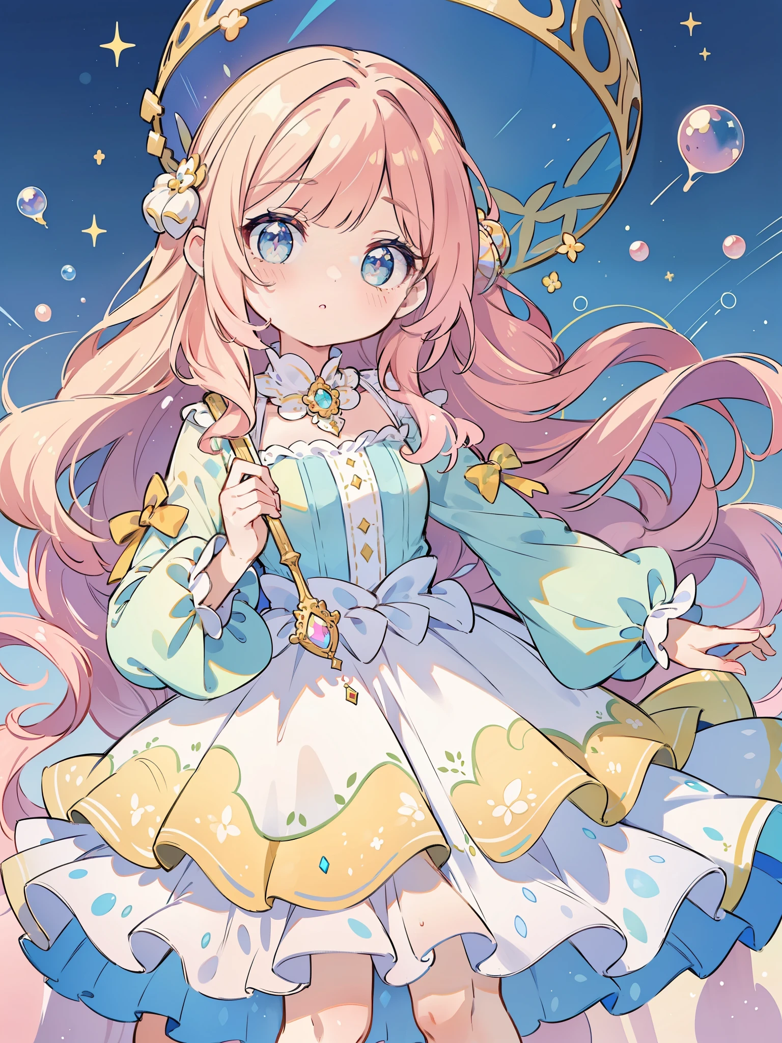 masterpiece, best quality, 8k resolution, sharp focus, intricate detail, beautiful girl, sparkling eyes, golden ratio face, otherworldly liquid, watercolor, pastel colors, bright colors, whimsical, colorful, sharp focus, high resolution, fine detail, ((layered tiered puffy long sleeves ballgown)), ((round eyes)), iridescent bubbles, fantasia background
