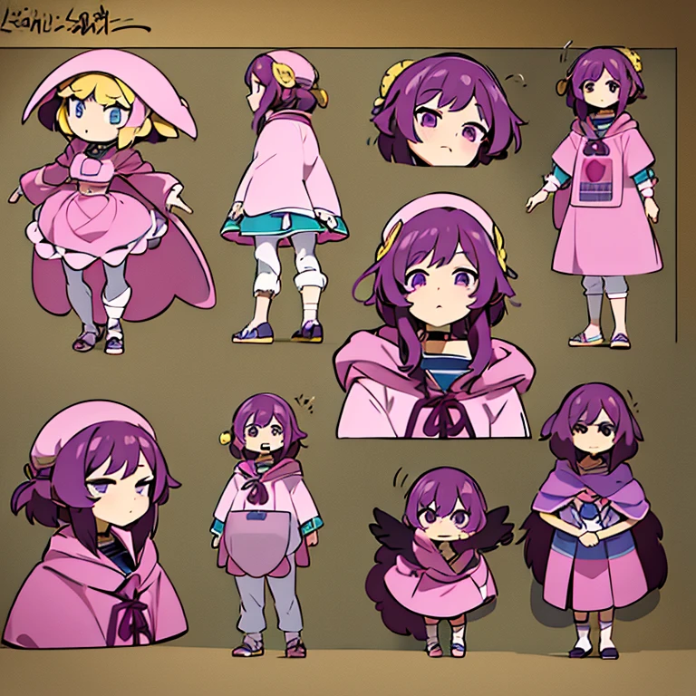 Personagem feminino,cabelo longo,cheio e ondulado de cor castanho escuro, seus olhos castanhos escuro, cor da pele parda, in anime version, de cores das veste branca, with pink and lilac details, em desenho flores, uma personagem feminina estilo anime e uma mestra de bombas Model sheet.