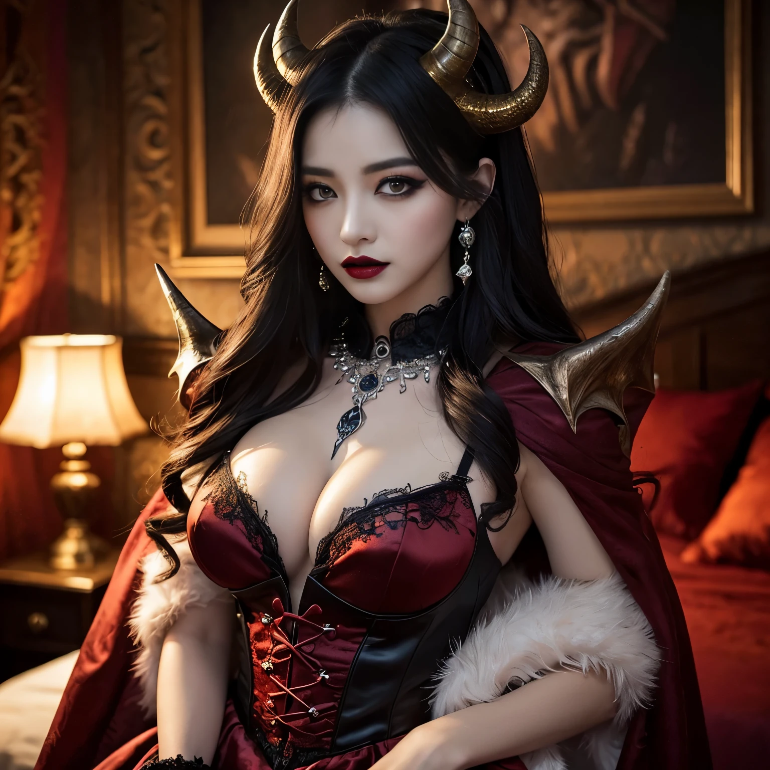 (highest quality、masterpiece、Award-winning work、Highest image quality、highest resolution、8K、super high detail)、the most beautiful devil princess、(The most luxurious devil princess's finest dress:1.1)、(The most luxurious and majestic costume:1.1)、The most complex and detailed texture、Finest wicked dress with the most intricate decoration、The most luxurious and highest quality giant tiara、The most luxurious and highest quality giant necklace、(The most realistic and intricately textured rough devil horns:1.1)、(Creepy dragon wings with the most realistic texture:1.1)、(Rugged dragon wings with a very complex and detailed texture:1.1)、(Rough corners with a very complex and detailed texture:1.1)、(High-quality jewelry decoration all over the body:1.1)、A bewitching and sexy expression staring at me、bewitching devil princess、big breasts、perfect makeup、evil eyeshadow、long eyelashes、black lipstick、accurate anatomy、cowboy shot、Very romantic and moody warm lighting、(blurred background)、Beautiful, fantastic and vivid sunset、The most luxurious and luxurious bedroom、devil princess's evil bedroom、Spooky decoration、Evil decoration、creepy and evil look