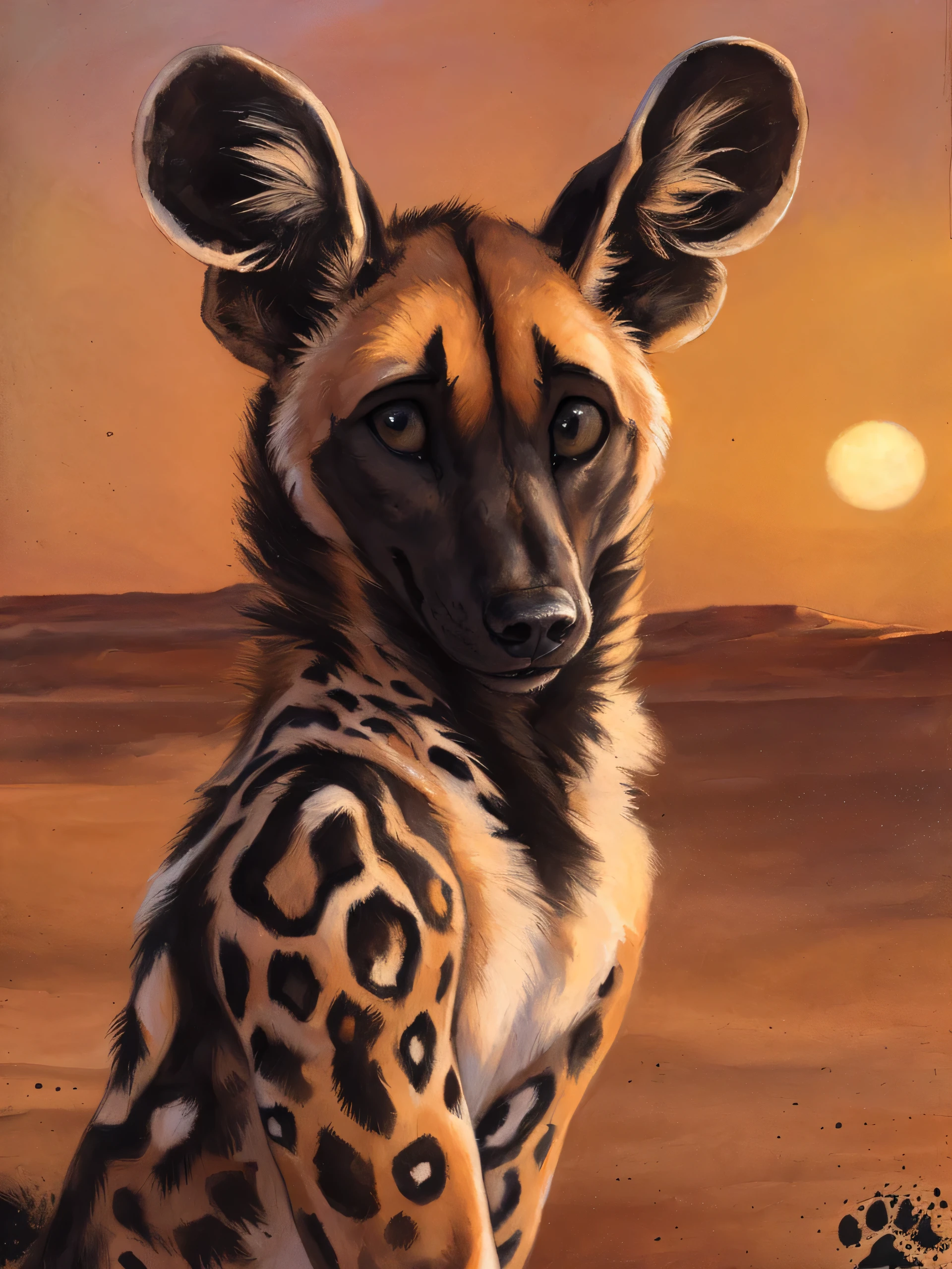 solo, anthro, African Wild Dog, feminine body, submissive, panting, shy, male, shaggy fur, thick fur, tail, beautiful eyes, perfect eyes, symmetrical eyes, (black retinas:1.2), detailed background, sahara desert background, dusk, realistic, photorealistic, ultra realistic, 8k, (by blotch), looking away, shy pose,