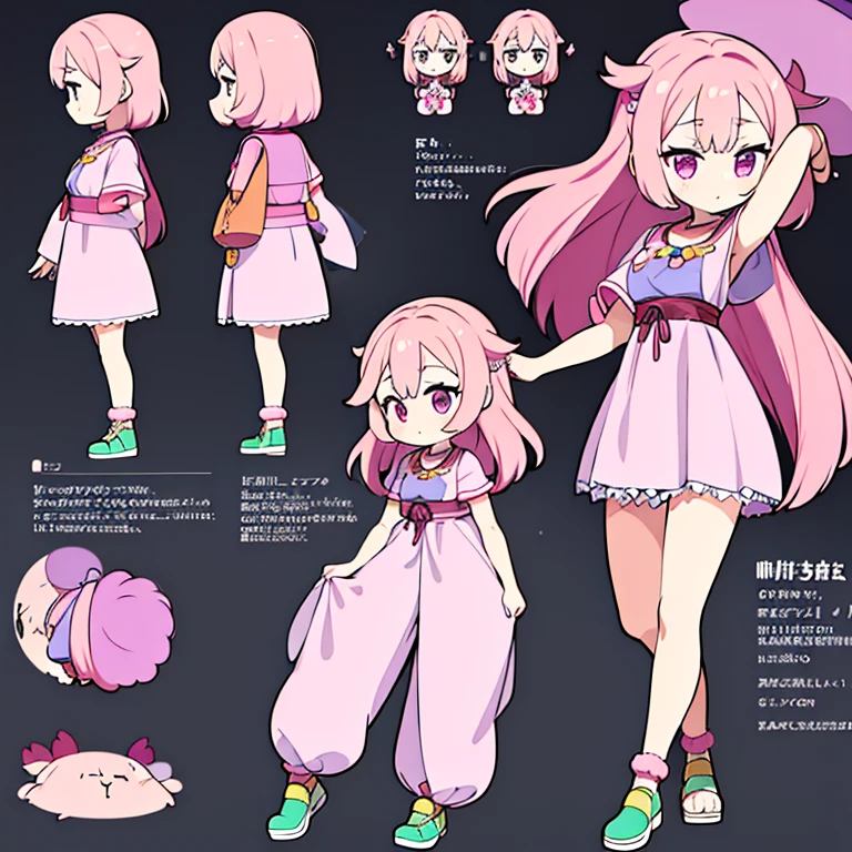 Personagem feminino,cabelo longo,cheio e ondulado de cor castanho escuro, seus olhos castanhos escuro, cor da pele parda, in anime version, de cores das veste branca, with pink and lilac details, em desenho flores, uma personagem feminina estilo anime e uma mestra de bombas Model sheet.