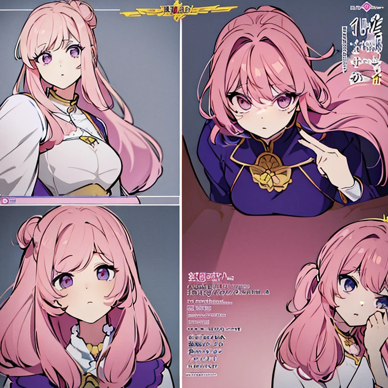 Personagem feminino,cabelo longo,cheio e ondulado de cor castanho escuro, seus olhos castanhos escuro, cor da pele parda, in anime version, de cores das veste branca, with pink and lilac details, em desenho flores, uma personagem feminina estilo anime e uma mestra de bombas Model sheet.