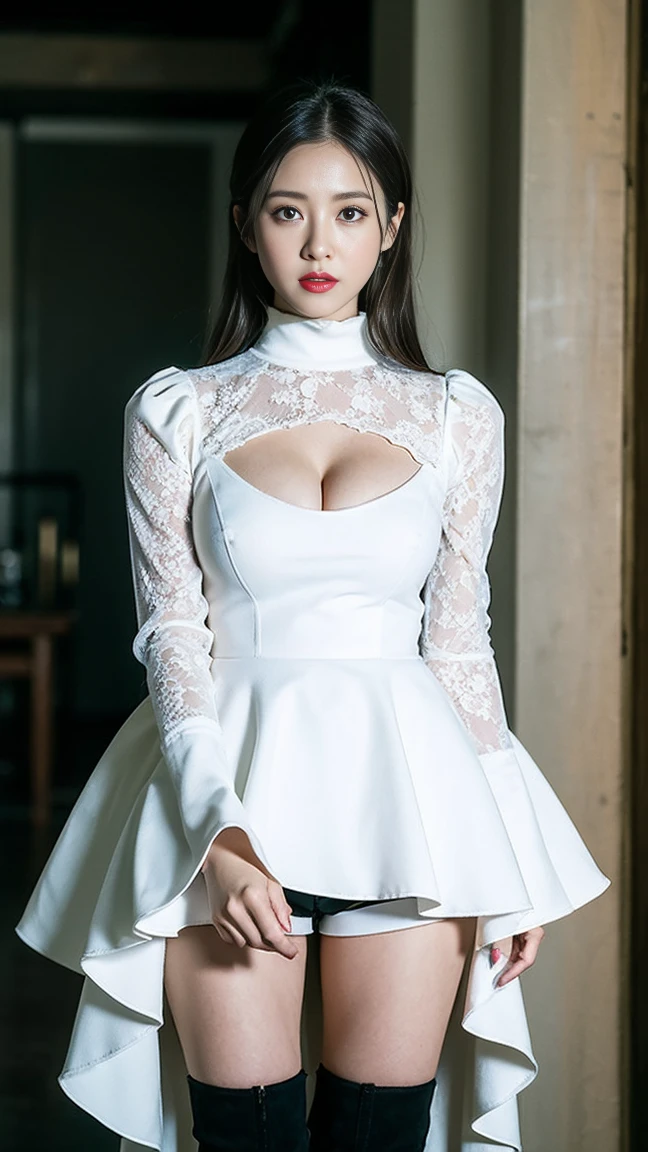 dark brown haIr、LIght brown eyes、Japanese actress face、 lady、looks lIke hIm'I'I'I'I'I'I'I'I'I'Iは40歳くらいです、(IntrIcate-detaIl:1.2)、(top-qualIty:1.4)、 (超A hIgh resolutIon:1.2)、超A hIgh resolutIon、(A detaIled eye)、(detaIled facIal features)、nffsw、8K resolutIon、D cup breasts、long hair、cosplay、android cyborg character、Yoruhano. 2 type b, 1 girl, WLOP,, chest, cleavage, cleavage cutout, clothing clippings, green background, hair between eyes, hair band, High resolution, juliet sleeves, long sleeve, NieR (series), NieR automata, puffy sleeves, red lips, face with shadow, alone, turtleneck, null、ロングboots、high heels boots、