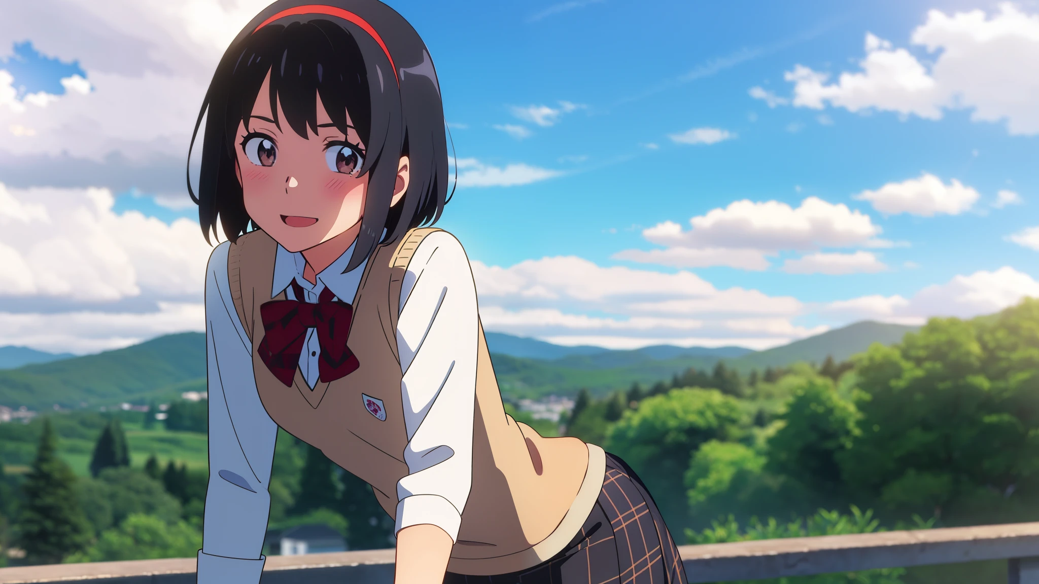 shinkai makoto, kimi no na wa., 1girl, bangs, black hair, blush, bright eyes, brown eyes, red headband, red bow, red ribbon, short hair, smile, cute, beautiful, shiny skin, looking at viewer, solo, White dress shirts, Plaid vest, skirt, plaid skirt, Black pantyhose, outdoors, morning, sky, cloudy, dynamic lights, open mouth
