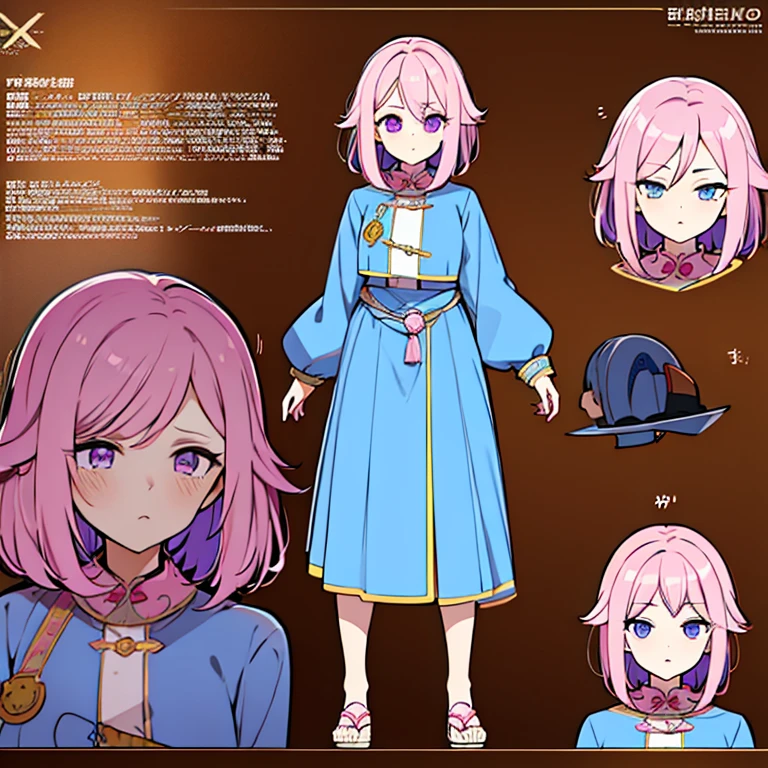 Personagem feminino,cabelo longo,cheio e ondulado de cor castanho escuro, seus olhos castanhos escuro, cor da pele parda, in anime version, de cores das veste branca, with pink and lilac details, em desenho flores, uma personagem feminina estilo anime e uma mestra de bombas Model sheet.