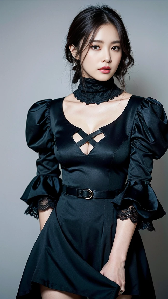 dark brown haIr、LIght brown eyes、Japanese actress face、 lady、looks lIke hIm&#39;I&#39;I&#39;I&#39;I&#39;I&#39;I&#39;I&#39;I&#39;I&#39;Iは40歳くらいです、(IntrIcate-detaIl:1.2)、(top-qualIty:1.4)、 (超A hIgh resolutIon:1.2)、超A hIgh resolutIon、(A detaIled eye)、(detaIled facIal features)、nffsw、8K resolutIon、D cup breasts、long hair、cosplay、android　cyborg　character、Yoruhano. 2 type b, 1 girl, WLOP,  chest, cleavage, cleavage cutout, clothing clippings, green background, hair between eyes, hair band, High resolution, juliet sleeves, long sleeve, NieR (series), NieR automata, puffy sleeves, red lips, face with shadow,  alone, turtleneck, null、ロングboots、high heels　boots、