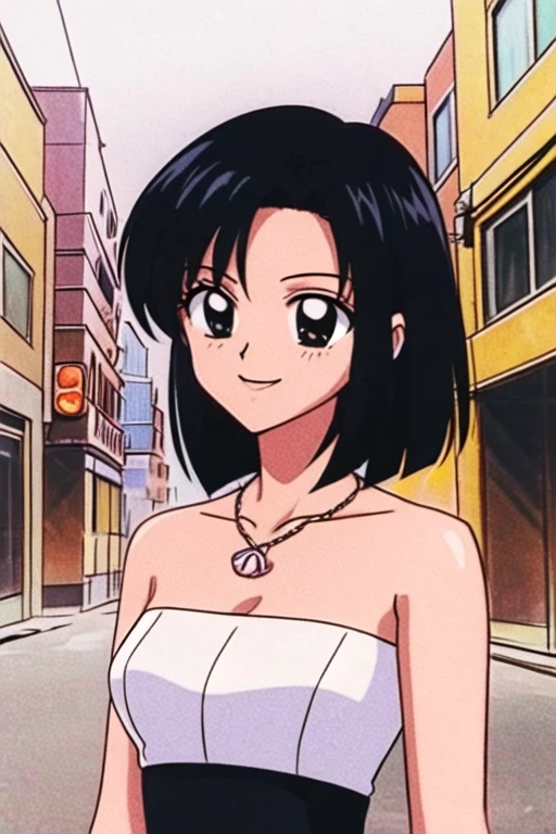 1 girl, Solo, Teenage, Black hair, Short black hair, Medium Hair, Bob Hair, Black eyes, Strapless, Little Black Dress, Black Off-the-Shoulders attire, cleavage, pearl necklace, Smile, the Mexican city street, Sexy, masterpiece, High quality, upper body.
