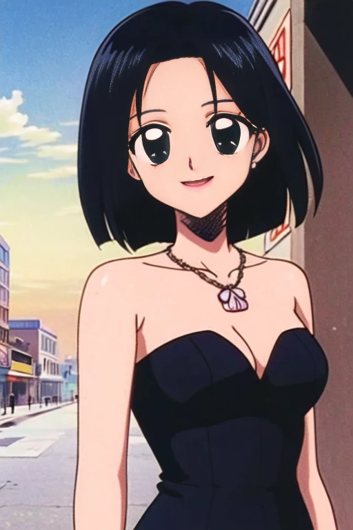 1 girl, Solo, Teenage, Black hair, Short black hair, Medium Hair, Bob Hair, Black eyes, Strapless, Little Black Dress, Black Off-the-Shoulders attire, cleavage, pearl necklace, Smile, the Mexican city street, Sexy, masterpiece, High quality, upper body.
