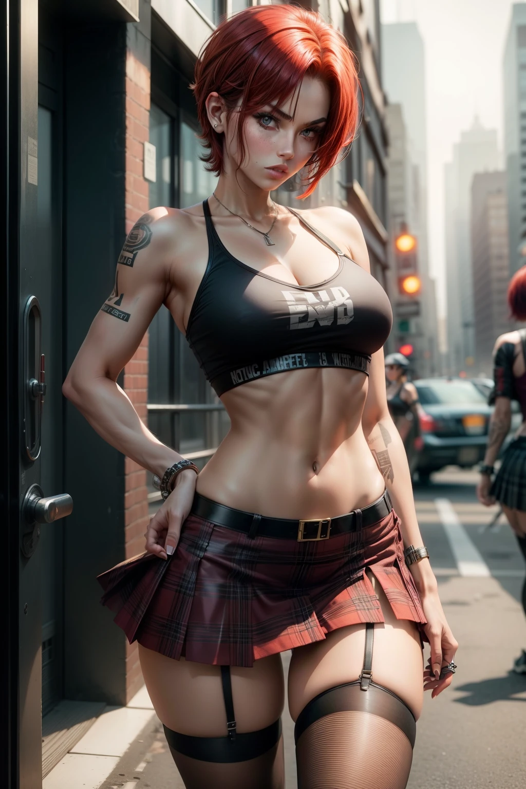 Sexy girl, gangster girl, perfect body, medium breast, red short hair, unbuttoned blouse, metalhead, streetwear clothes, short plaid skirt, grunge, crossing arms, fight pose, perfect butt, sexy hips, back view, stockings