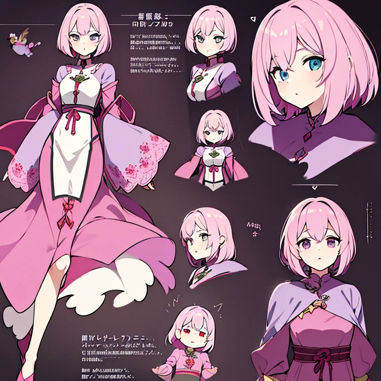 Personagem feminino,cabelo longo,cheio e ondulado de cor castanho escuro, seus olhos castanhos escuro, cor da pele parda, in anime version, de cores das veste branca, with pink and lilac details, em desenho flores, uma personagem feminina estilo anime e uma mestra de bombas Model sheet.