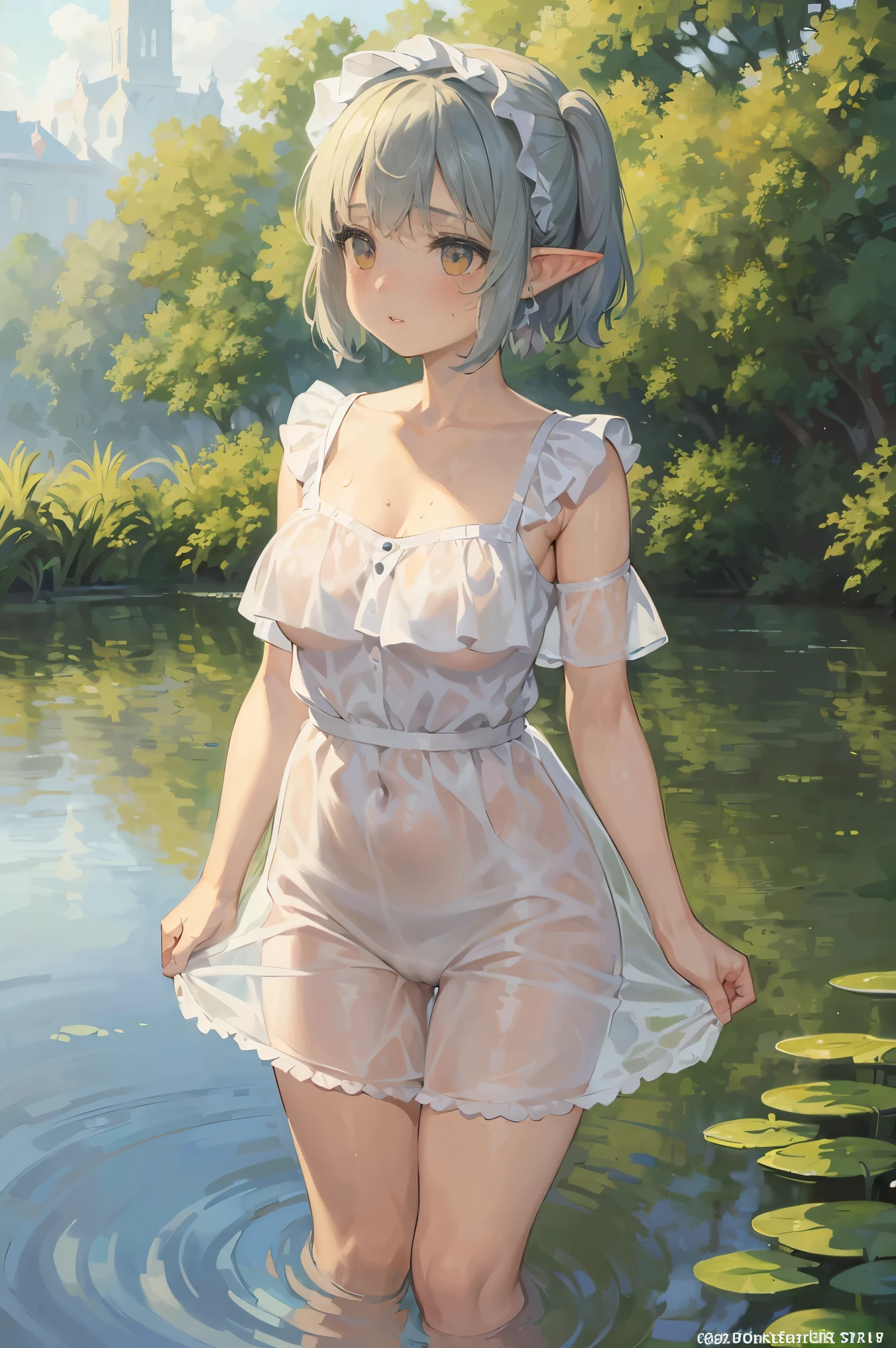 In Claude Monet style, Impressionism, 1girl, upper body focus, (white camisole dress), 14 year old, full body Esbian, short silver hair, pond, wet, ((curtsey)), elf ear, nipples through, see-through, puffy nipples, bare breasts, {{{vulgarity}}}, breast focus, bare pussy