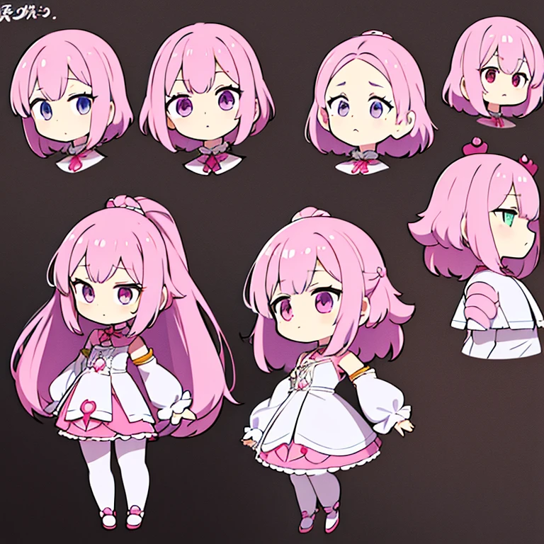 Personagem feminino,cabelo longo,cheio e ondulado de cor castanho escuro, seus olhos castanhos escuro, cor da pele parda, in anime version, de cores das veste branca, with pink and lilac details, em desenho flores, uma personagem feminina estilo anime e uma mestra de bombas Model sheet.