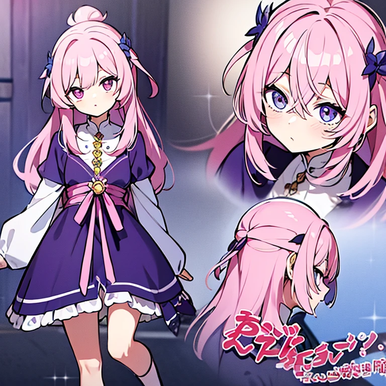 Personagem feminino,cabelo longo,cheio e ondulado de cor castanho escuro, seus olhos castanhos escuro, cor da pele parda, in anime version, de cores das veste branca, with pink and lilac details, em desenho flores, uma personagem feminina estilo anime e uma mestra de bombas Model sheet.