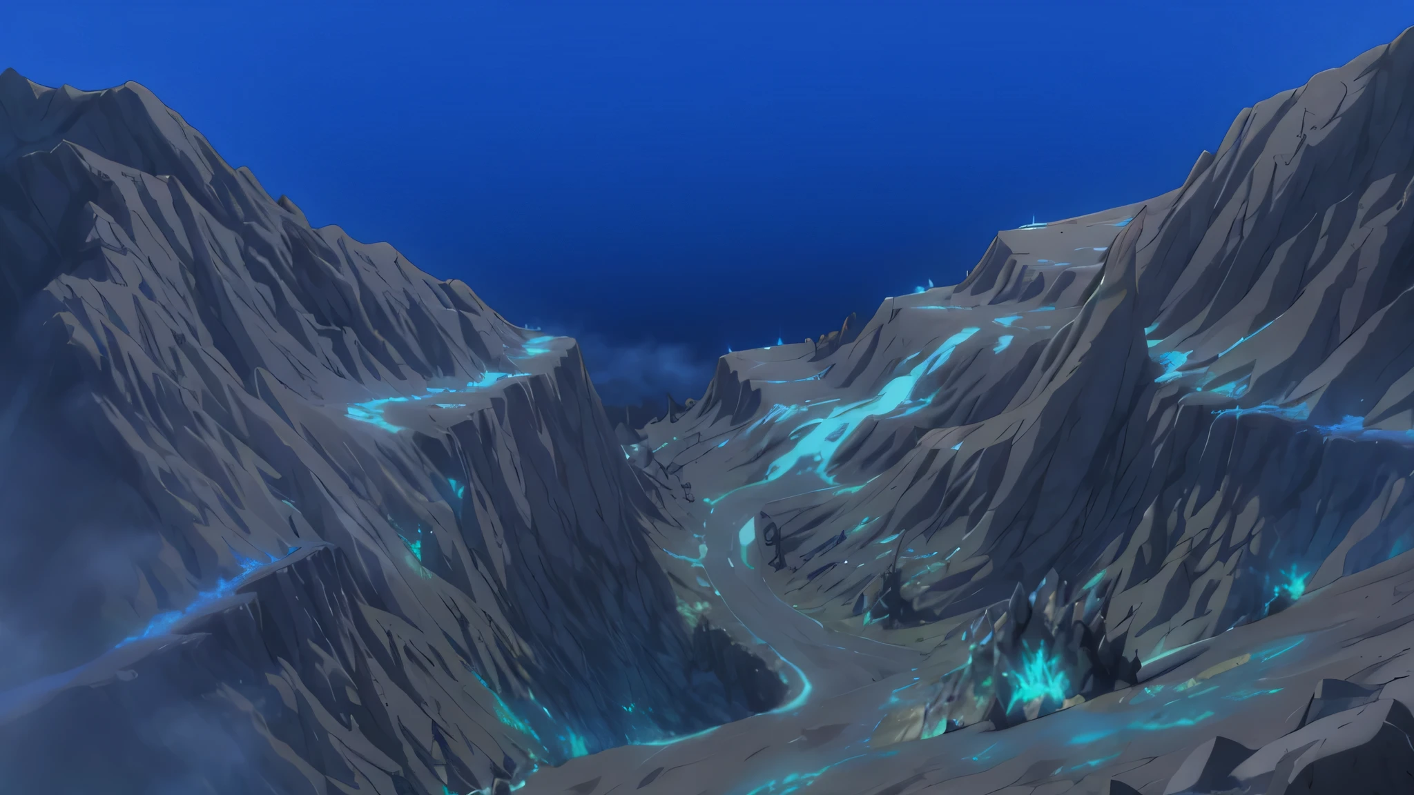 there is a 2D mountain image passing through it, rocky environment, highly detailed terrain, detailed terrain texture, rendered in 2d unity, rocky terrain, detailed terrain, depth map, ground level camera view, cliff, in the game engine , normal map, high-level texture rendering, rendered in the Arnold engine, icy road on a lava planet2 2D style anime.